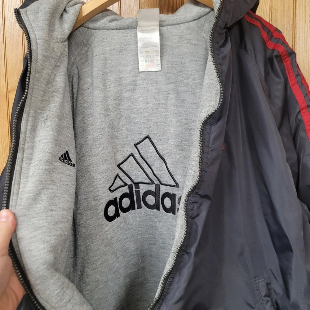 Vintage Y2K Adidas Mens Reversible Jacket Navy Blue Red Three Stripes Hood Sz L